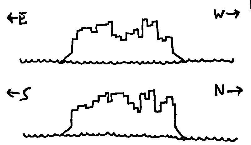 Ink drawings of a blocky island-like structure with tooth-like toewrs rising and falling, and 45-degree diagonal edges. It's hard to tell what shape the island would be from above—perhaps circular or square.