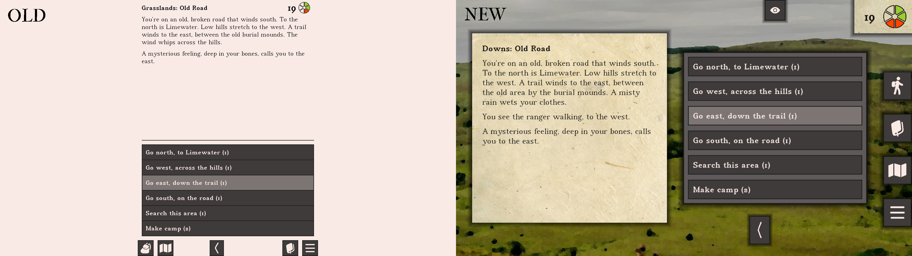 Side-by-side comparison of the old and new UI, both showing the player standing on the old south road where it passes the burial mounds. The new version has a background with green, rolling hills, and the text is written on parchment.