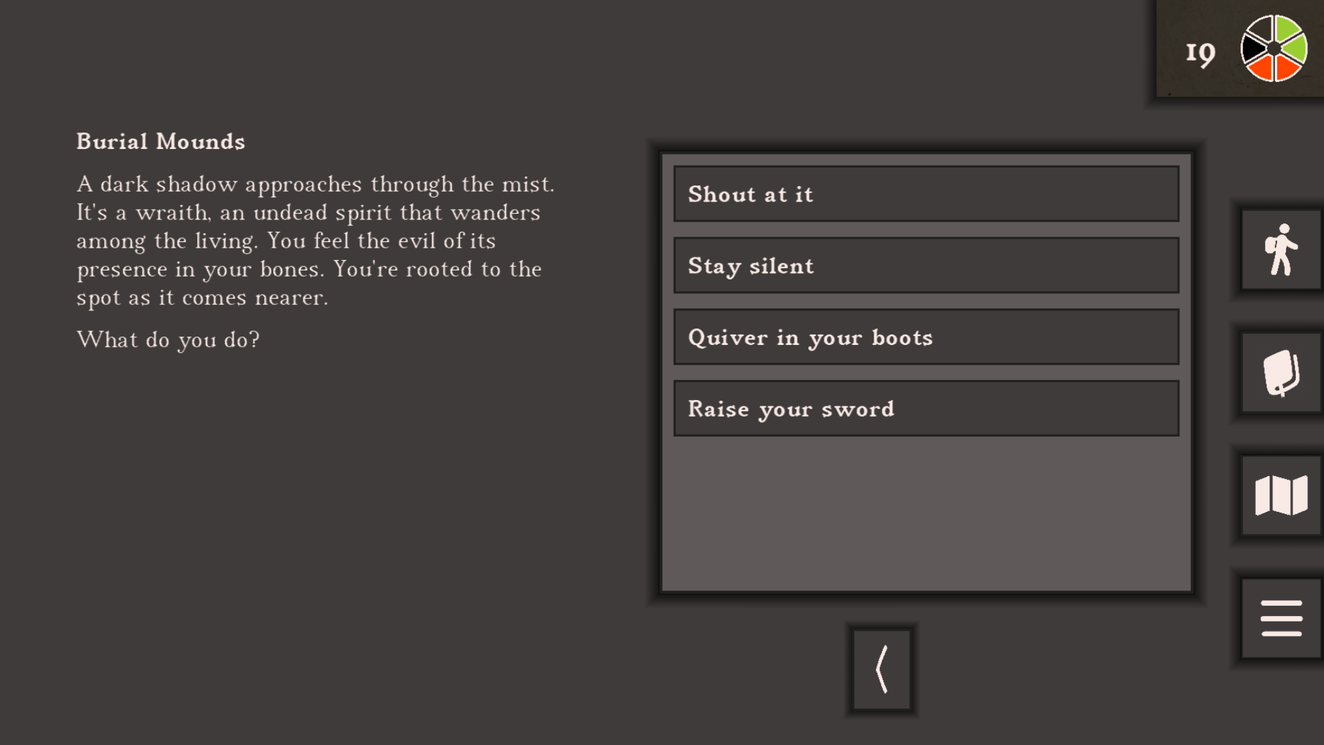 Screenshot of the wraith approaching the player, showing light text on a dark background instead of the usual dark text on light parchment.