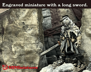 Engraved miniature with a long sword.   - 3D printed miniatures for Gira RPG's Solo Soul-like TTRPG Rune 