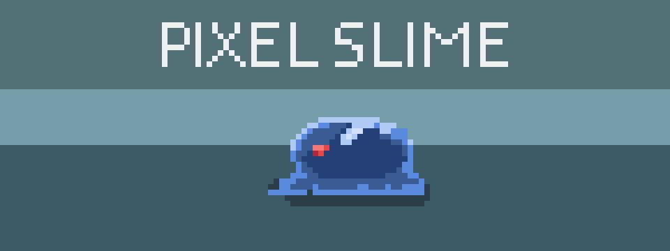 Pixel art banner with the words 'PIXEL SLIME' above a blue slime creature on a blue background.
