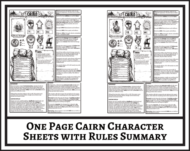 One Page Cairn Character Sheets with Rules Summary by Pointless Monument