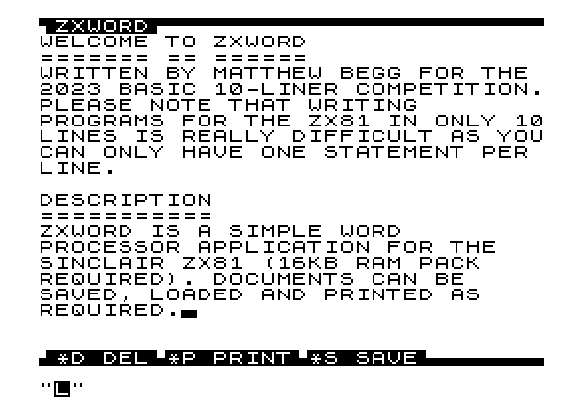 ZXWORD (ZX 81) by Matthew Begg by BASIC 10Liner