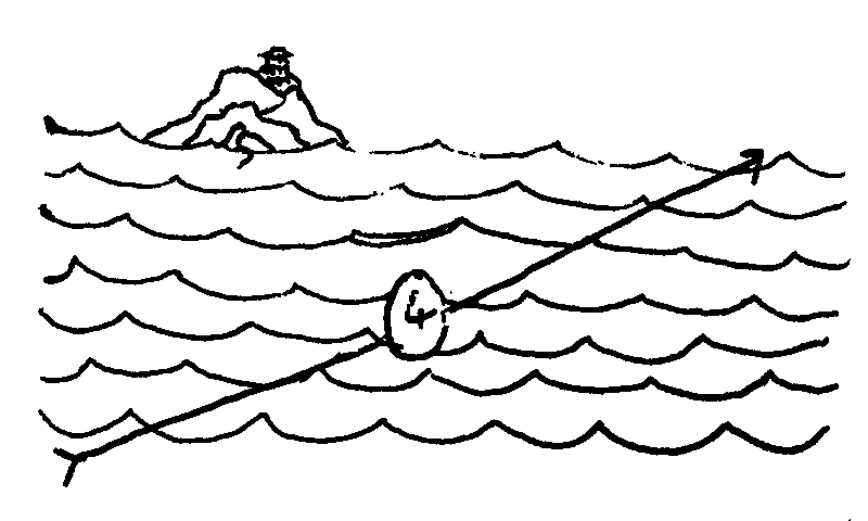 Heavy ink drawing of a route across a wavy sea, Southwest of a mountainous island on which a pagoda-like tower rises.