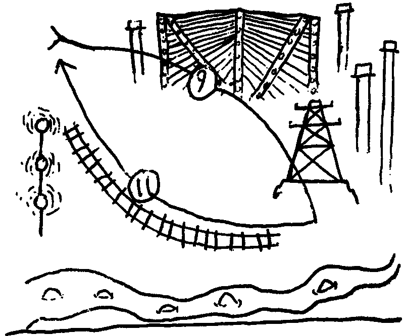 Heavy ink drawing of a map with a route that loops through power lines and incinerator towers, then back to the start via a shambles of a railway. To the South is a bubbling river and to the West is a tower of lights.