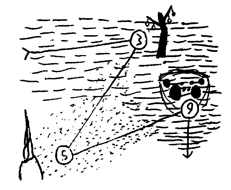 Heavy ink drawing of a map through a desert; the route zigzags from a tall tree with hanging lanterns, to a spire of rock, to a giant arachnid skull.