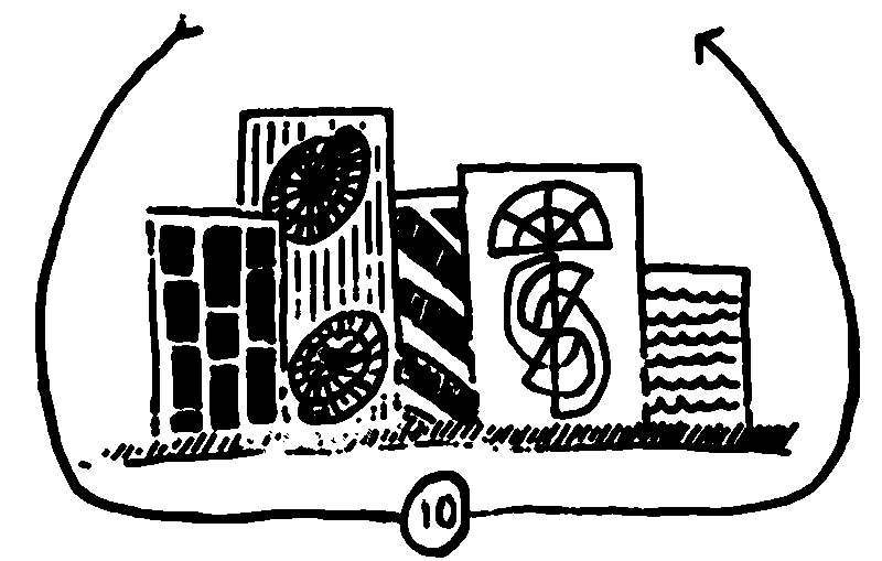 Heavy ink drawing of a map; a side-on view of towering blocks carved with abstract designs, some simple bars or waves, others more complex, like shells or weaving lines.