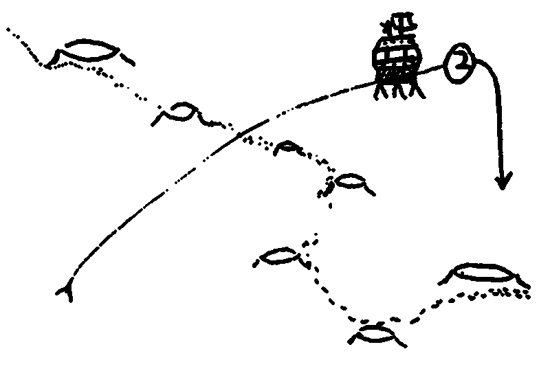 Heavy ink drawing of a map with a route across a crater-marked landscape; seven craters form the shape of the constellation Cetus, and the route crosses it perpendicularly and turns South where it comes near a lunar lander.