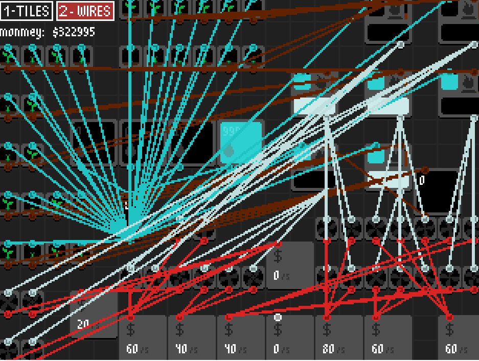 Screenshot of the game showing a number of water connections radiating out from a small tank, fed by two large ones. the many plants are hooked up to five boilers, which in turn connect to many turbines, and quite a few sellers.