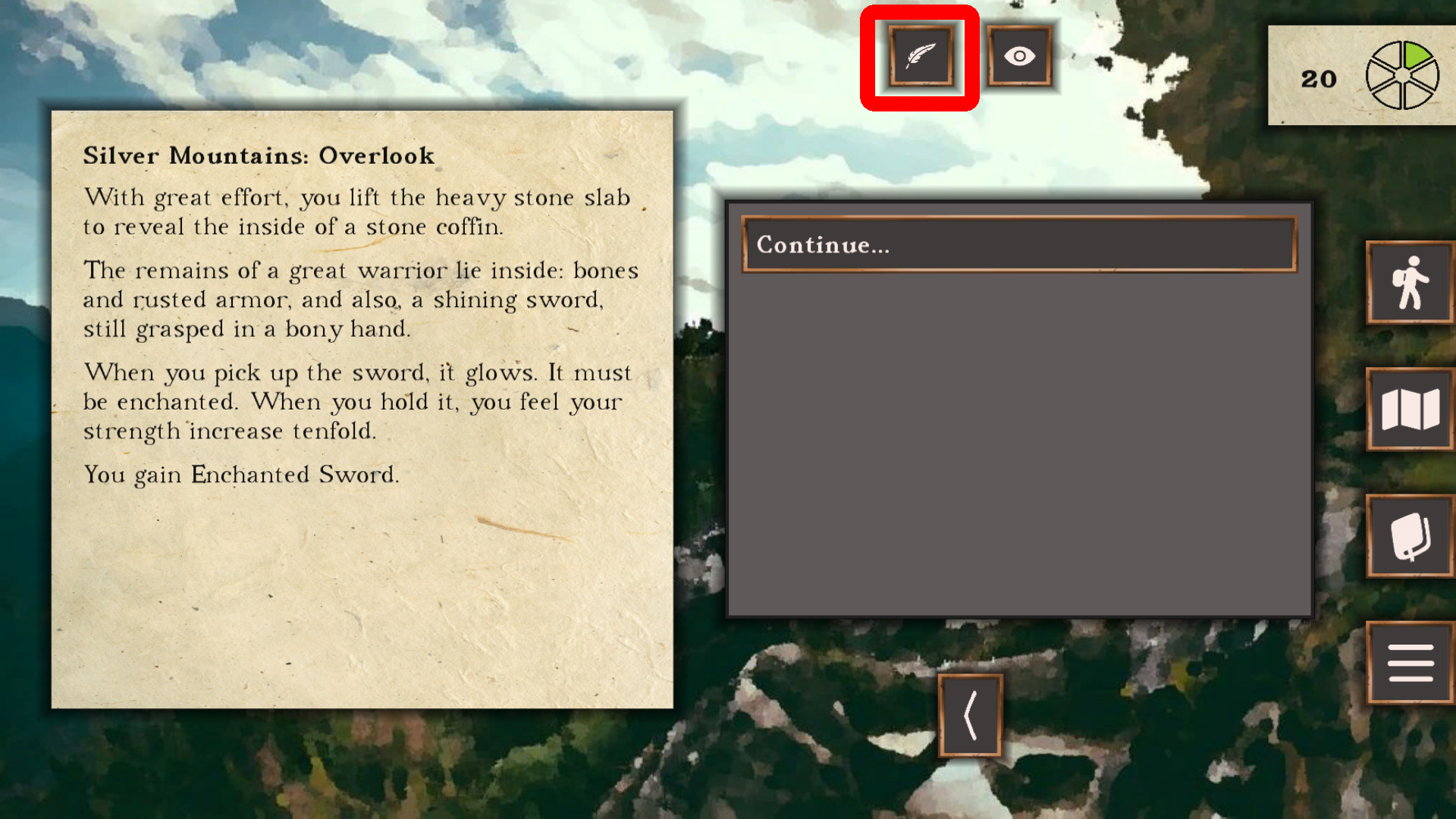 Screenshot of the player discovering the Enchanted Sword in the mountains: Circled in red at the top of the screen is a button with a Quill icon on it.