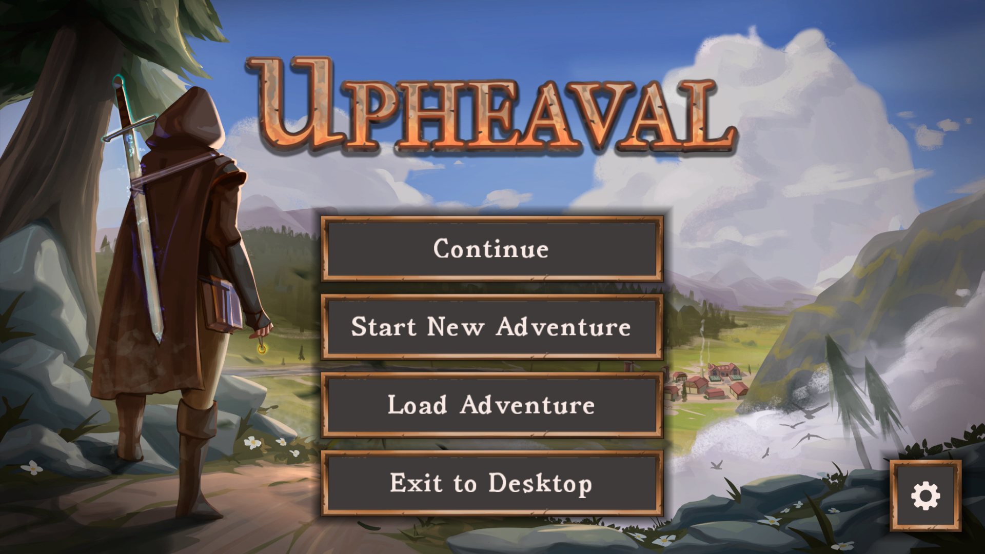 Screenshot of the new Upheaval main menu: The Upheaval cover art is in the background, but with a blue sky instead of a pink one. Buttons shown are “Continue,” “Start New Adventure,” “Load Adventure,” “Exit to Desktop,” and a “Setting” button with a gear icon on it.