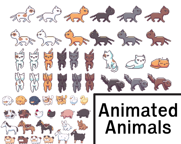 Farm animals and Cat animations Walk 4 directions, Idle, Sleep, Sit, Threaten.
