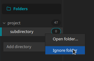 Right clicking a directory in the folder list to show a context menu with the options ‘Open folder’ and ‘Ignore folder’