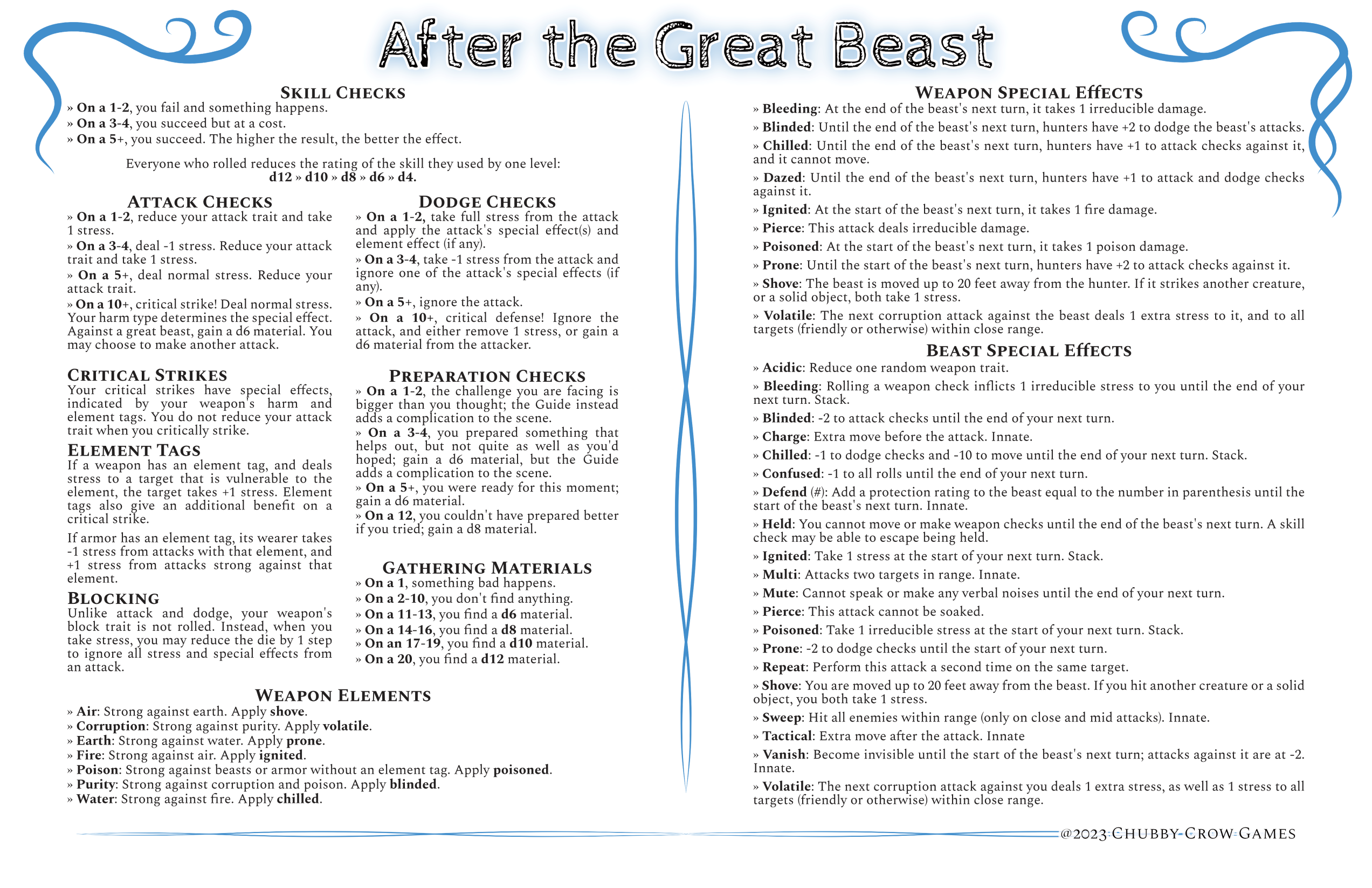 Mechanic Cheat Sheets - After the Great Beast by Chubby Crow Games