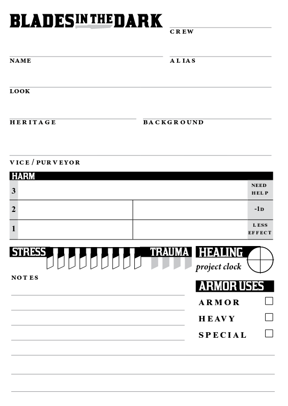 Blades in the Dark Large Print Character Sheet by Puns_and_ships