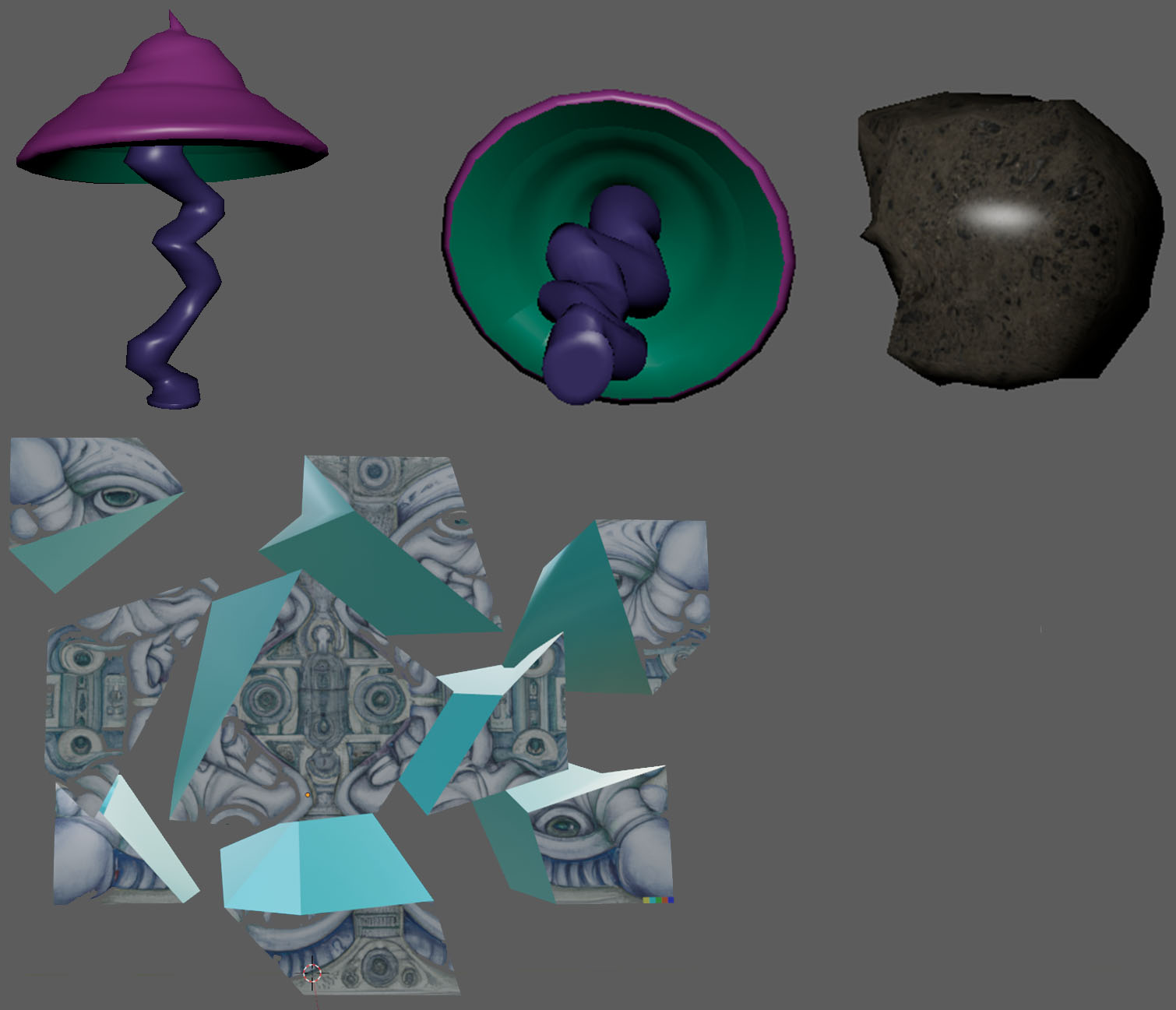 Modeling mushroom, asteroid and insight pieces