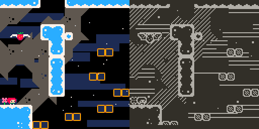 Comparison of Celeste Classic level 4 on PICO-8 and on Playdate.