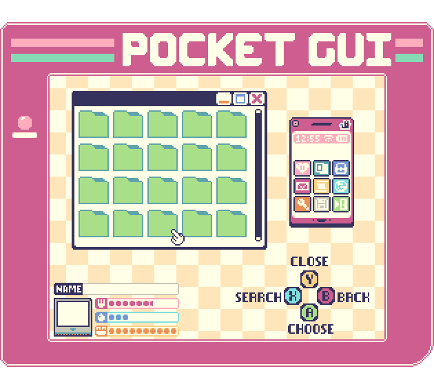 Pixel art interface with a window of green folders, a phone UI, and button prompts labeled close, search, back, and choose.