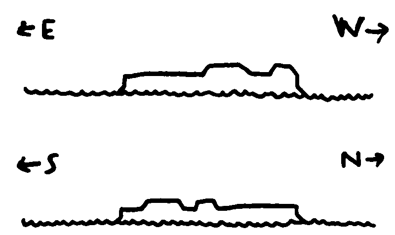 Heavy ink drawings of a stubby round sea-fort with a few protruding blocks that might be remnants of incomplete construction or destruction.