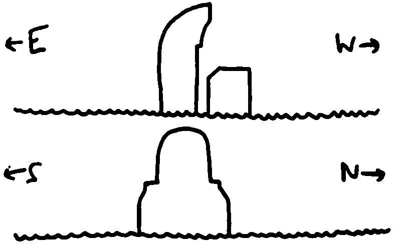 Heavy ink drawings of an artificial structure protruding from the waves, like a ship with a massive, overbearing superstructure turned 90 degrees so its prow points skyward.