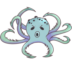 The Kraken: An image of an greenish blue octopus with an angry expression, multiple eyes on the top of its head, and sharp, hooked, tentacles.