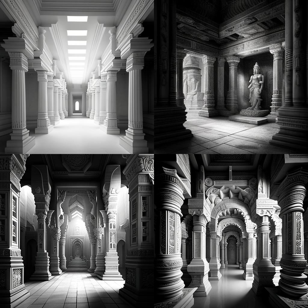 Four AI-generated images of a white, monochrome Hindu temple with a liminal space feel.