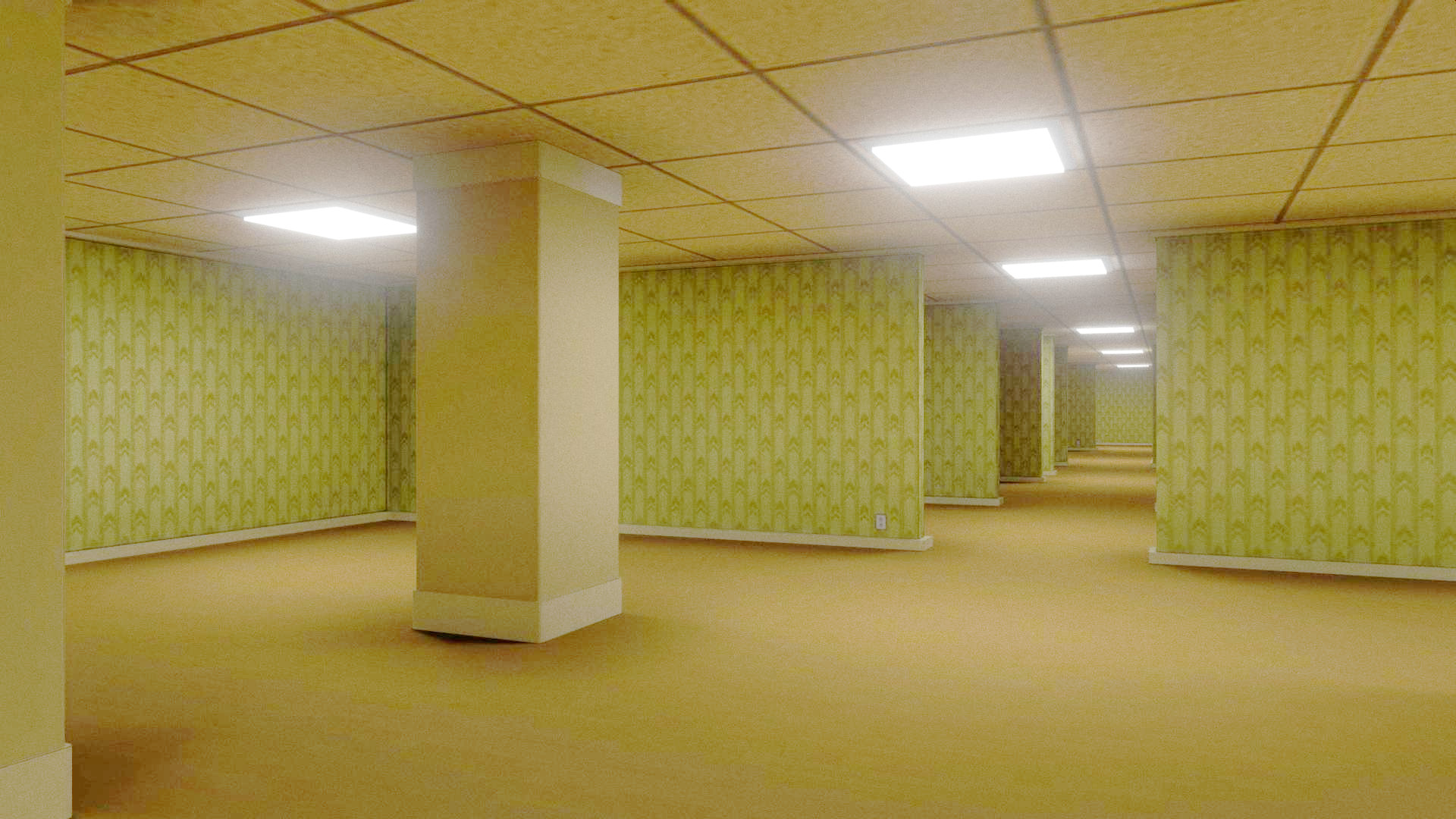 A digital render of the Backrooms, which resembles an empty, dull yellow office space with no end in sight.