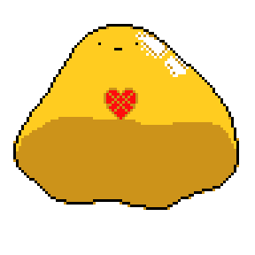 A large yellow slime blob with a tiny face and a red heart which indicates its weakness.