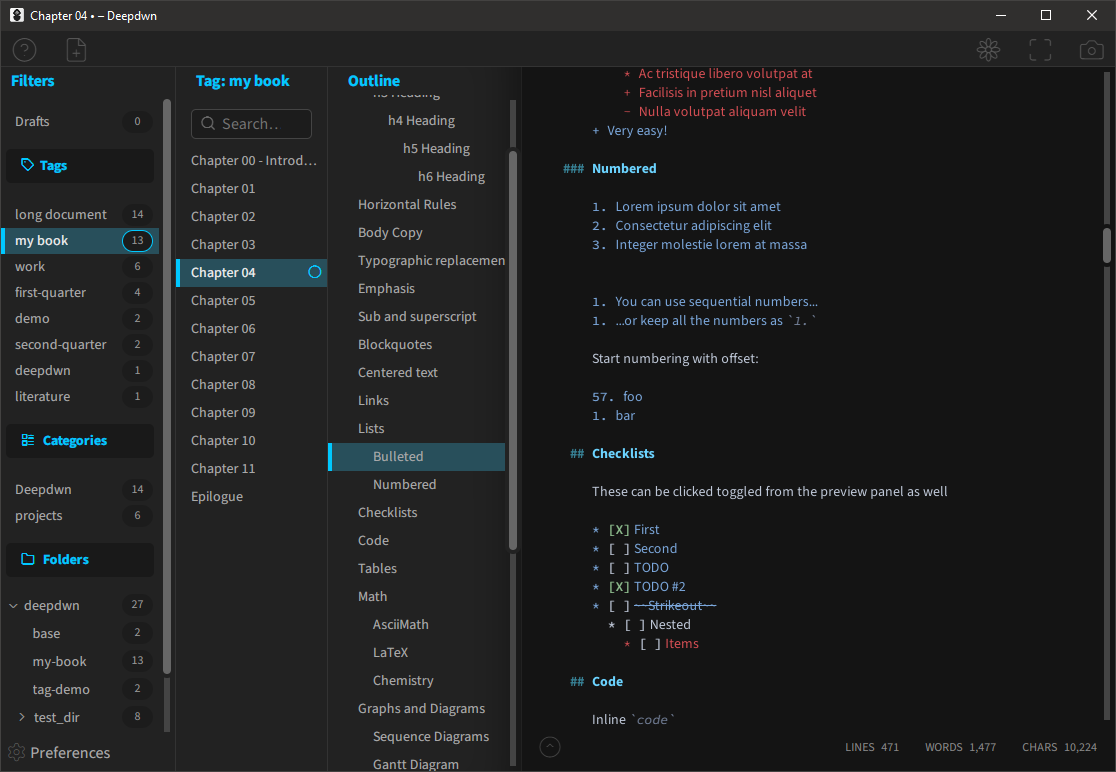 Deepdwn editor window with three open panes and text editor section visible