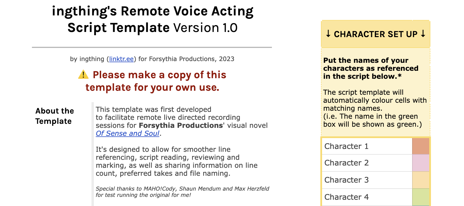 Screenshot of the Setup page on ingthing's remote voice acting script template.