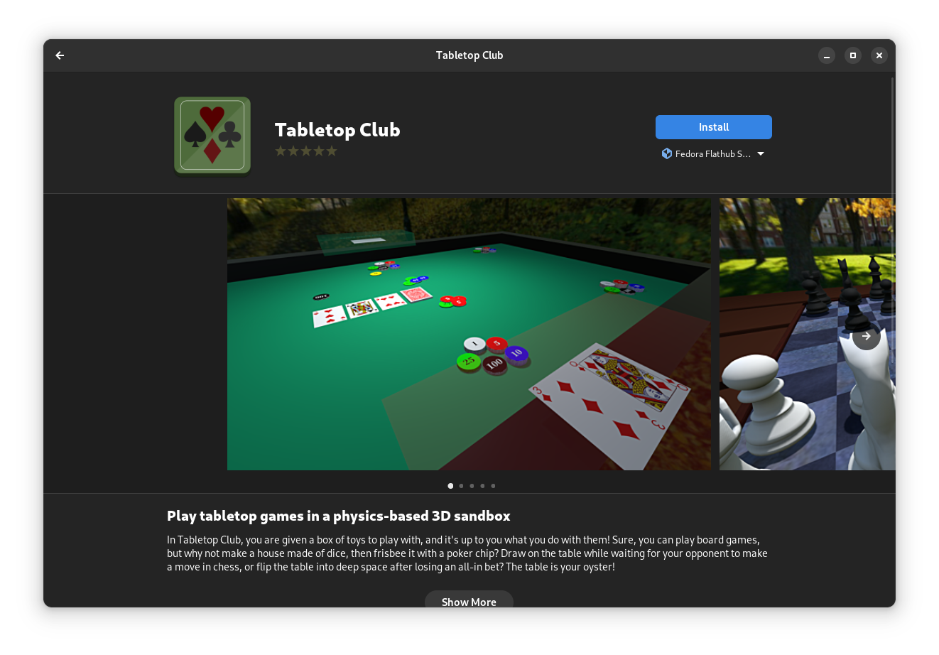 A screenshot of Tabletop Club being shown in the GNOME Software Centre.