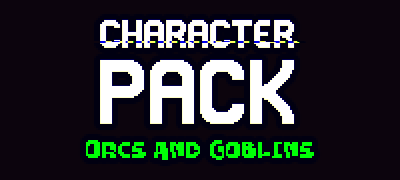 Pixel art logo with the words 'Character Pack Orcs and Goblins' in white and green text on a dark background.