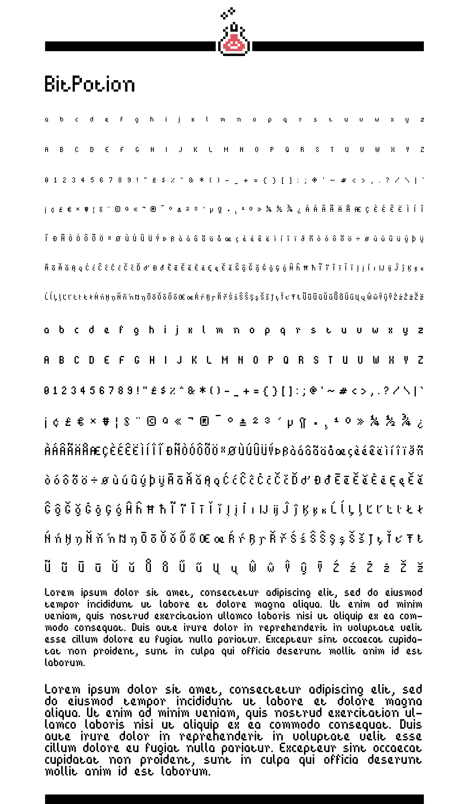 Bit.Potion pixel font character set sample with uppercase, lowercase, symbols, and sample text blocks.