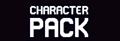 Pixel art logo with the words 'Character Pack' in bold white letters on a dark background