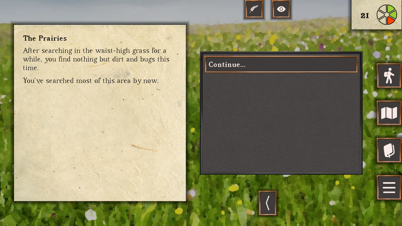 Screenshot of searching the tall grass, with a report at the end that says “You’ve searched most of this area by now.”