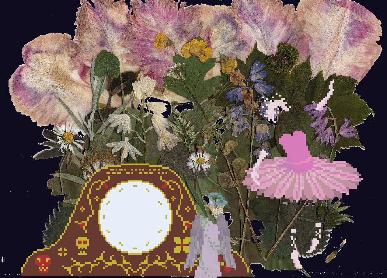 Pixel art: a still life of a clock decorated with skulls and flowers, an angel statue without a head but with a halo and the costume of a ballerina in a dancing pose.  In the background is a scanned image of real pressed flowers arranged in a bouquet.
