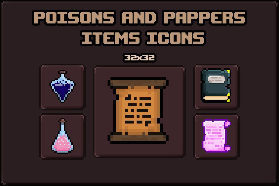 Potions and papers pixel art icons