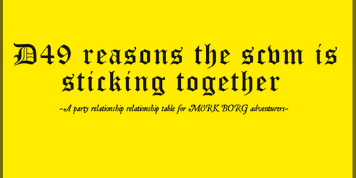 Cover image for D49 reasons the scvm is sticking together (A party relationship table for MÖRK BORG adventurers)