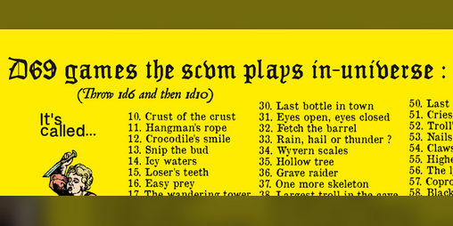 Cover image for D69 games the scvm plays in-universe (a MÖRK BORG table of names)