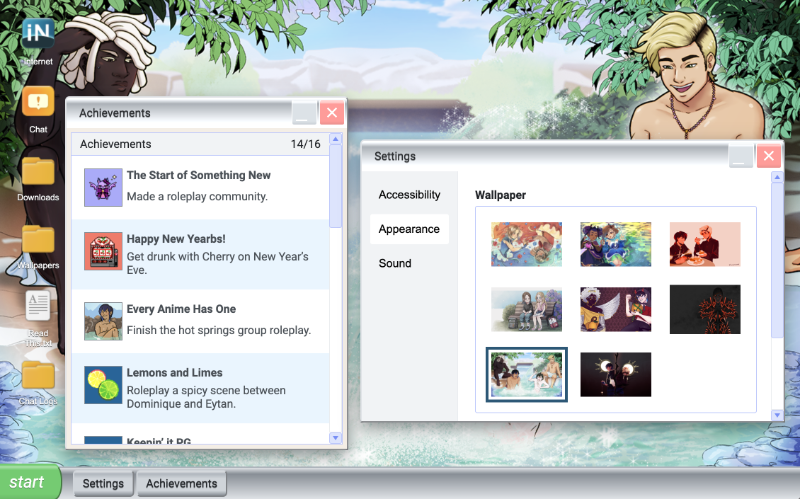 Screenshot of two windows—achievements and settings.