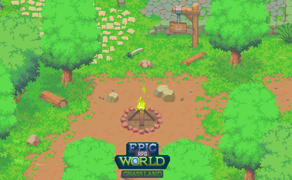 Pixel art forest clearing with campfire, logs, rocks, trees, and a signpost. Logo reads 'Epic RPG World: Grass Land'.