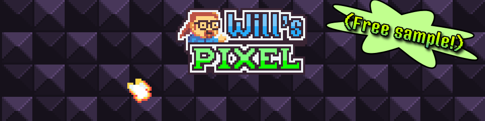 Pixel art banner with 'Will's Pixel' text, a character with glasses, a small explosion, and 'Free sample!' in a green shape.
