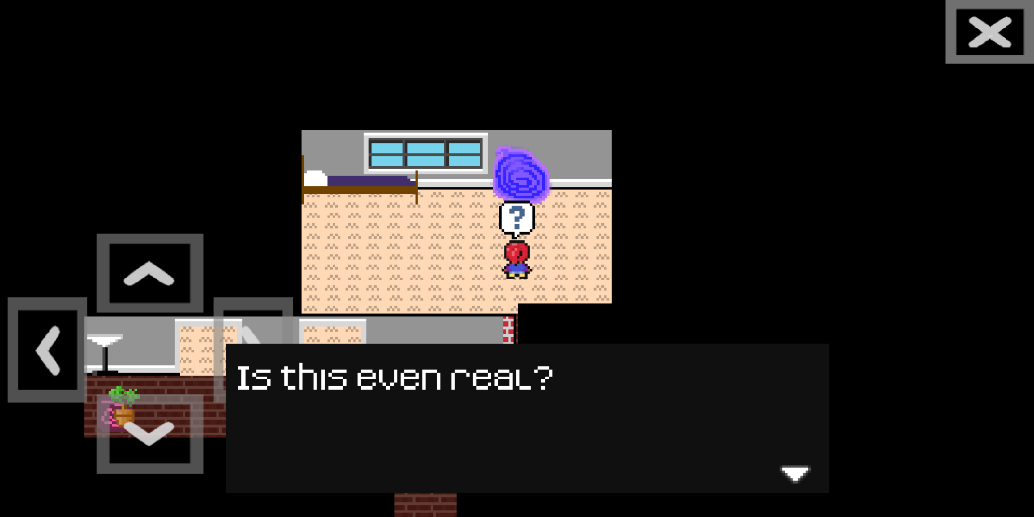 a screenshot from the android version where the player is in front of the portal without the roommate and text is displayed that says "Is this even real?"