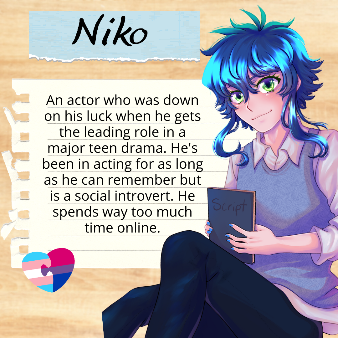 Niko - An actor who was down on his luck when he gets the leading role in a major teen drama. He's been in acting for as long as he can remember but is a social introvert. He spends way too much time online.