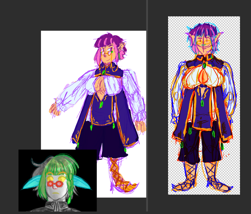 Initial sketches of Loupe, including how their sprite is layered. Red is top, Yellow is second, Green is 3rd, Blue is 4th, and below that is the base sprite