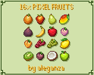 Pixel exotic fruits. Cartoon stylized fruit icons for 2D game, 8