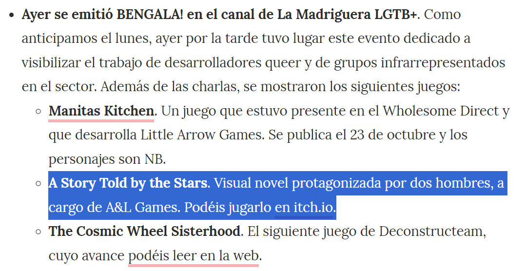 Captura de pantalla de AnaitGames, con el artículo sobre el evento Bengala!
