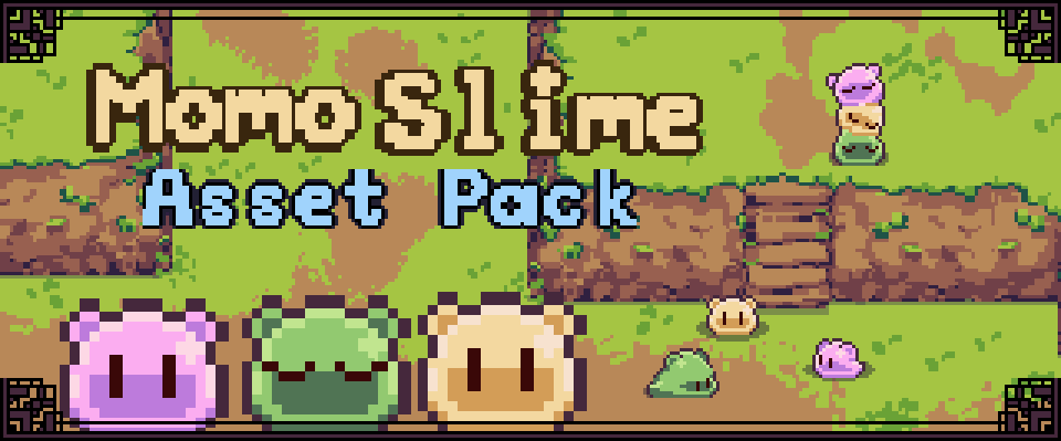Momo Slime Asset Pack Pixel art banner with the text 'Momo Slime Asset Pack' and colorful slime characters on grassy terrain.