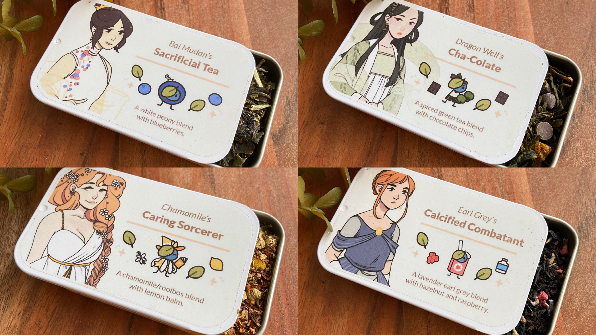 Image depicting four small tins of teas, themed after Sovereign Tea, now available on Adagio