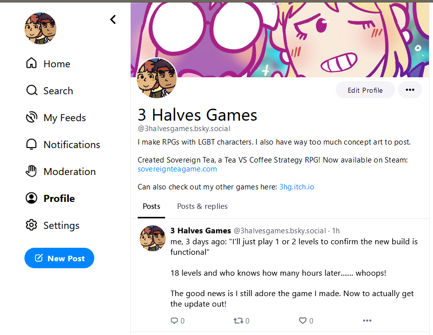 Screenshot of 3 Halves Games' new Bluesky profile
